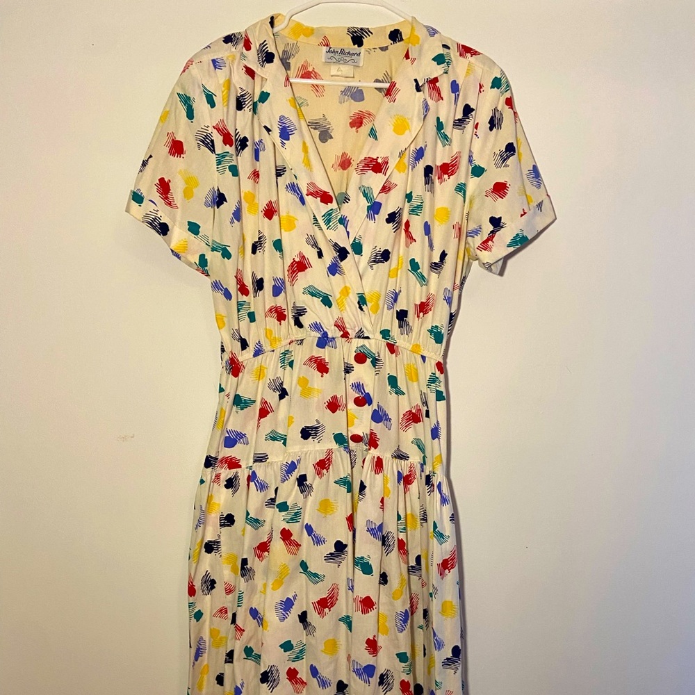 Vintage dress with brushstroke pattern dropped waist 80s